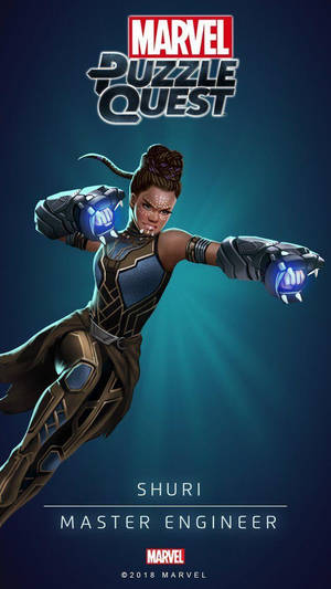 Shuri，工程大師，在Marvel Puzzle Quest遊戲藝術中擺出動作姿勢，拳頭發光。 — 日式審美桌面 壁紙