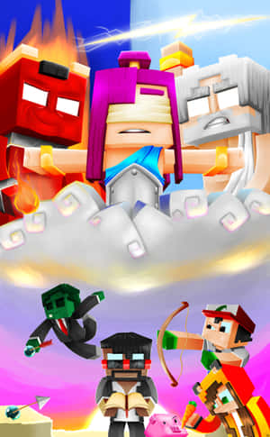 方塊Minecraft角色以動態姿勢展現火焰和閃電效果。 — Pixel Tablet 壁紙