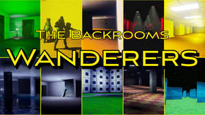 The Backrooms Wanderers拼貼畫，展示怪異的走廊和鮮豔色彩的剪影。 — 電玩遊戲 GIF 壁紙