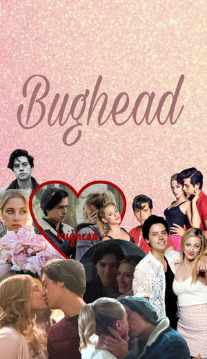 Bughead 情侶在粉紅色閃粉背景上接吻的粉絲藝術拼貼。 — Beanie Boos 壁紙