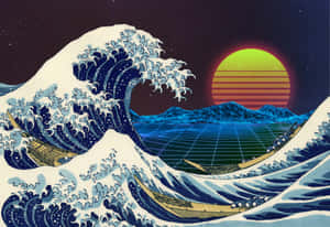 帶有復古日落和網格景觀的巨浪 — 藍天 壁紙