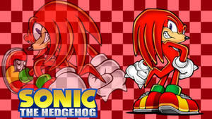 音速小子遊戲標誌中的 Knuckles 在紅色格子背景上。 — 音速小子 壁紙