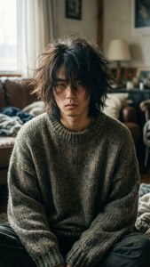 俊奎室內舒適肖像，頭髮凌亂，穿著寬大毛衣。