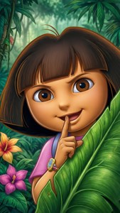 Dora the Explorer 在一個有色彩繽紛花朵的叢林中，躲在一片葉子後面。 — 愛探險的朵拉 壁紙