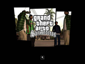 《俠盜獵車手：聖安地列斯》遊戲標題畫面，三個角色身處街景中。 — GTA 聖安地列斯 壁紙