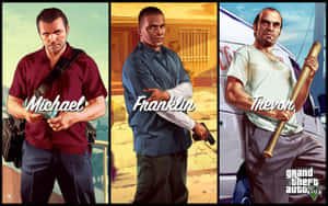 三個GTA V角色Michael、Franklin和Trevor在城市環境中手持武器。 — 任天堂明星大亂鬥 特別版 壁紙