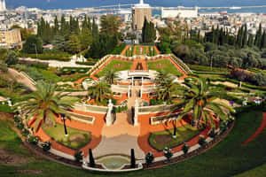 梯田花園，內有棕櫚樹和噴泉，遠眺沿海城市和港口。 — 以色列 壁紙