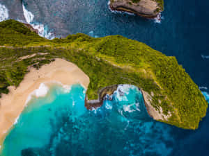 俯瞰綠色懸崖在碧綠的海洋和沙灘上形成天然拱門。 — 棕櫚樹日落 壁紙