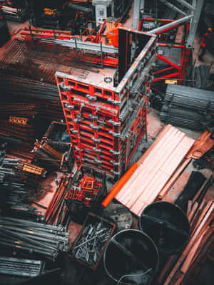 繁忙建築工地的俯視圖，帶有紅色鷹架和鋼材。 — iPad Pro 12.9 壁紙