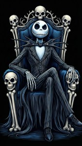 Jack Skellington 坐在一個裝飾著頭骨的寶座上，呈現黑暗哥德風格。 — 傑克·史克林頓 壁紙