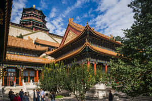遊客探索裝飾華麗的中式宮殿建築，金色屋頂和紅色柱子。 — 藍天 壁紙