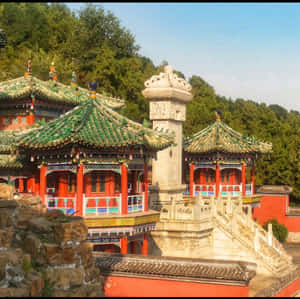 古老的中式寺廟建築群，擁有華麗的屋頂和紅色柱子，四周環繞樹木。 — 樹木 壁紙