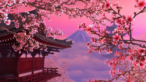 櫻花環繞日本寺廟，背景為富士山。 — 美學粉色GIF 壁紙