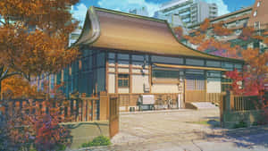 傳統日本房屋，秋天的樹木，外面停著一輛自行車。 — 日式 壁紙