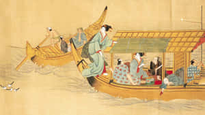 日本人在裝飾船上，水面有鳥兒在頭頂飛翔。 — 千鳥 壁紙