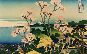 櫻花樹在湖泊附近盛開，遠處有富士山，下方有村民。 — 日式 壁紙