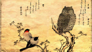 貓頭鷹和兩隻鳥在樹枝上的日本水墨畫，附有書法 — 日式 壁紙