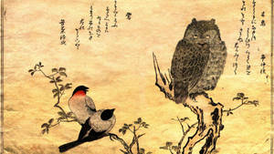 日本水墨畫，貓頭鷹和鳥在樹枝上，附書法 — 日式 壁紙
