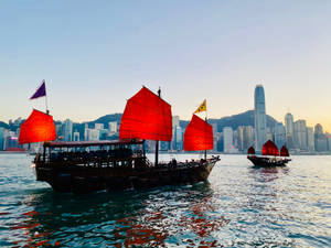 紅帆帆船在日落時分駛過香港現代化的天際線。 — 郵輪 壁紙