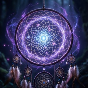 神秘的捕夢網在黑暗的森林中散發著紫色能量和羽毛的光芒。 — Pixel Watch 3 壁紙