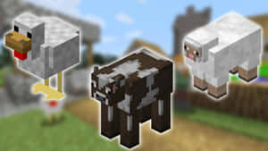 三隻像素化Minecraft農場動物：雞、牛和羊在草地上。 — 我的世界 壁紙