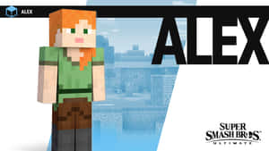穿著綠色襯衫和棕色褲子的Minecraft角色Alex，帶有Super Smash Bros Ultimate標誌。 — 我的世界 壁紙