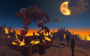像素化Minecraft風格世界，巨大月亮下漂浮的樹木和發光熔岩在日落時分。 — 電玩遊戲 GIF 壁紙