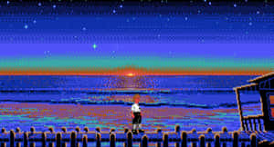 碼頭上的像素化人物在星空下觀看海洋上的日落 — 日落 壁紙