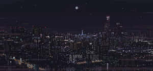 像素藝術城市夜景，帶有發光的窗戶和滿月。 — 像素藝術 壁紙