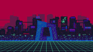 Vaporwave 城市天際線，帶有霓虹標誌和網格地板，在紅色天空下。 — 電馭叛客2077 壁紙