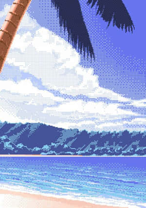 像素藝術海灘，棕櫚樹和海洋波浪在藍天下。 — IQOO Pad5 壁紙