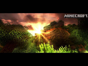 Minecraft 日落場景，方塊狀的樹木和草地沐浴在耀眼的陽光下。 — 日落 壁紙
