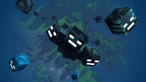 在像素化遊戲世界中漂浮的 Minecraft 爬行者，帶有藍色和綠色地形。 — 我的世界苦力怕 壁紙