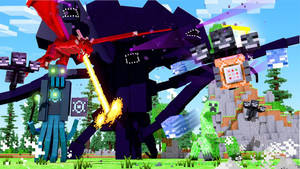 Minecraft 生物在帶有草和樹木的像素化戶外場景中戰鬥。 — 凋零風暴 壁紙