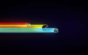 像素化的 Pacman 和鬼魂在黑暗空間中沿著彩虹軌跡移動。 — 酷炫遊戲 壁紙