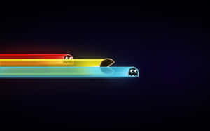 復古街機遊戲角色 Pacman 和鬼魂沿著彩虹軌跡移動。 — 簡約暗黑美學 壁紙