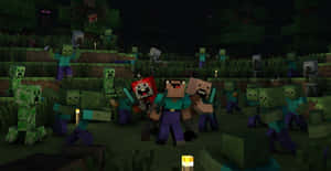 Minecraft角色在黑暗的草地區域與殭屍戰鬥，旁邊有火把。 — 鬼滅之刃面具 壁紙