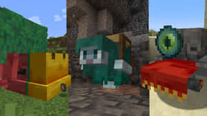 Minecraft像素藝術，在方塊戶外環境中展示生物和車輛。 — 我的世界苦力怕 壁紙