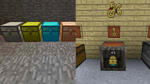 像素化石室中的Minecraft箱子和一個鎖住的箱子，上面有數字42。 — 可愛 Minecraft 壁紙