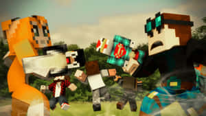 像素化戶外戰鬥場景中的Minecraft角色。 — 我的世界 壁紙