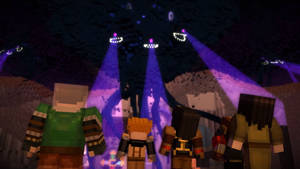 Minecraft玩家在黑暗洞穴中觀看發光的紫色燈光。 — 凋零風暴 壁紙