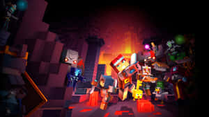 Minecraft角色在夜間於充滿熔岩的地下洞穴中與怪物戰鬥。 — 可愛 Minecraft 壁紙