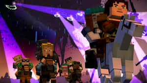 在紫色舞台燈光下的雨夜音樂會中的Minecraft角色。 — 我的世界 壁紙