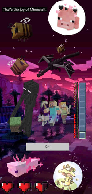 Minecraft玩家在帶有愛心和遊戲界面的像素化夜晚場景中與蜜蜂和龍戰鬥。 — 電玩遊戲 GIF 壁紙