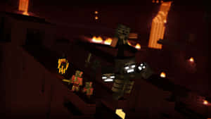 Minecraft玩家在熾熱的地獄堡壘中與敵對生物戰鬥。 — 我的世界 終極人 壁紙
