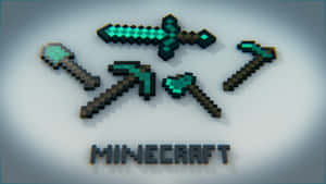 Minecraft鑽石工具和標誌，以像素化3D風格呈現在漸變背景上。 — 我的世界 壁紙