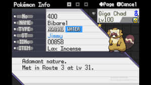 Pokémon遊戲介面，顯示Bibarel在等級100，暱稱Giga Chad，道具Lax Incense。 — 寶可夢 壁紙