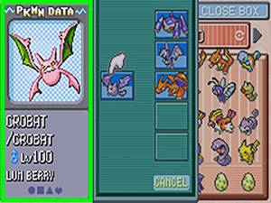 Pokémon遊戲介面顯示等級100的Crobat和Lun Berry。 — 電玩遊戲 GIF 壁紙