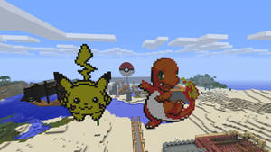 皮卡丘和火恐龍以Minecraft像素藝術風格出現在村莊附近的海灘上。