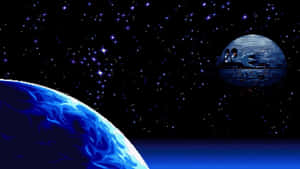 在星光閃爍的太空中的藍色行星和死星的像素藝術。 — 音速小子 壁紙